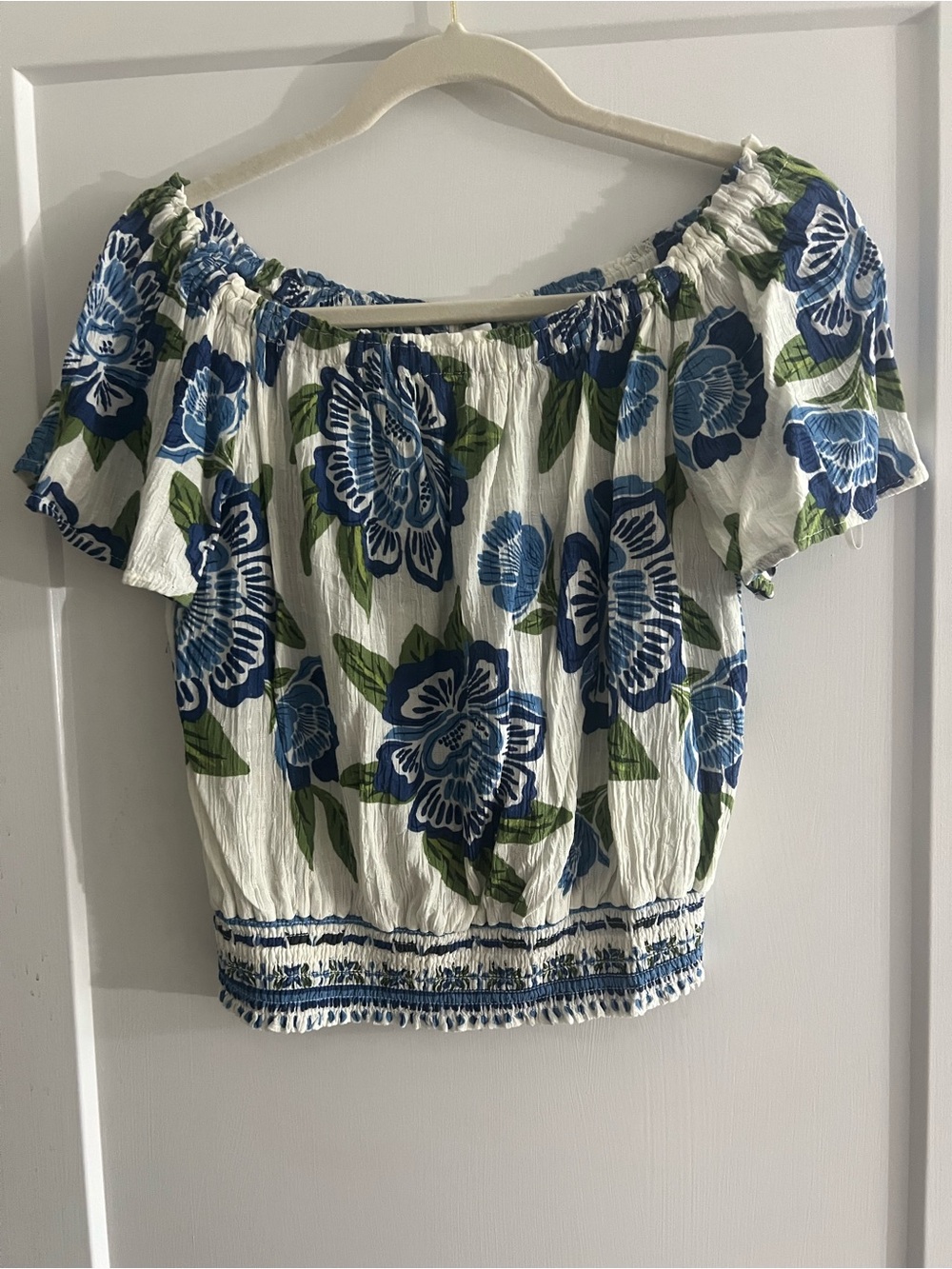 Rachel Zoe White Off-the-Shoulder Blue & Green Floral Crop Top